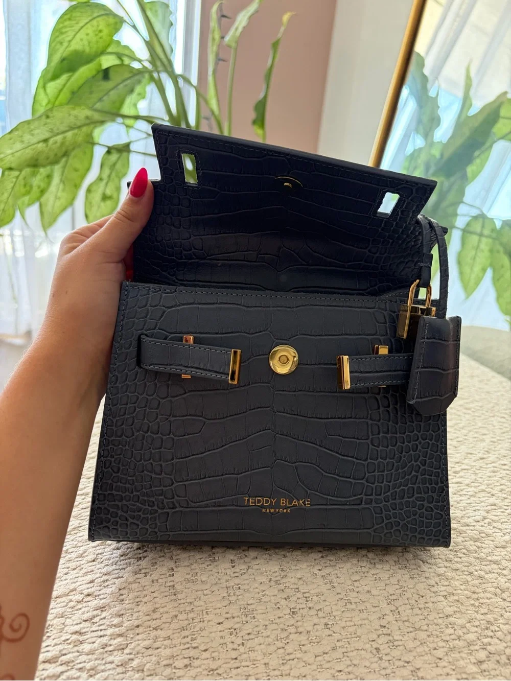 Teddy Blake Bluebell Croc-Embossed Leather Top-Handle Bag 9”